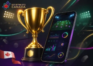 The best sports betting sites in Canada in 2026, a gold cup, and a smartphone with charts.
