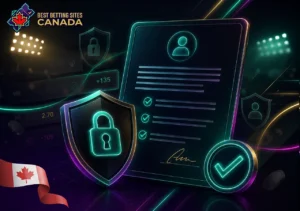 Privacy policy section on the Best Betting Sites Canada website with a neon lock icon, security shield, and data verification document